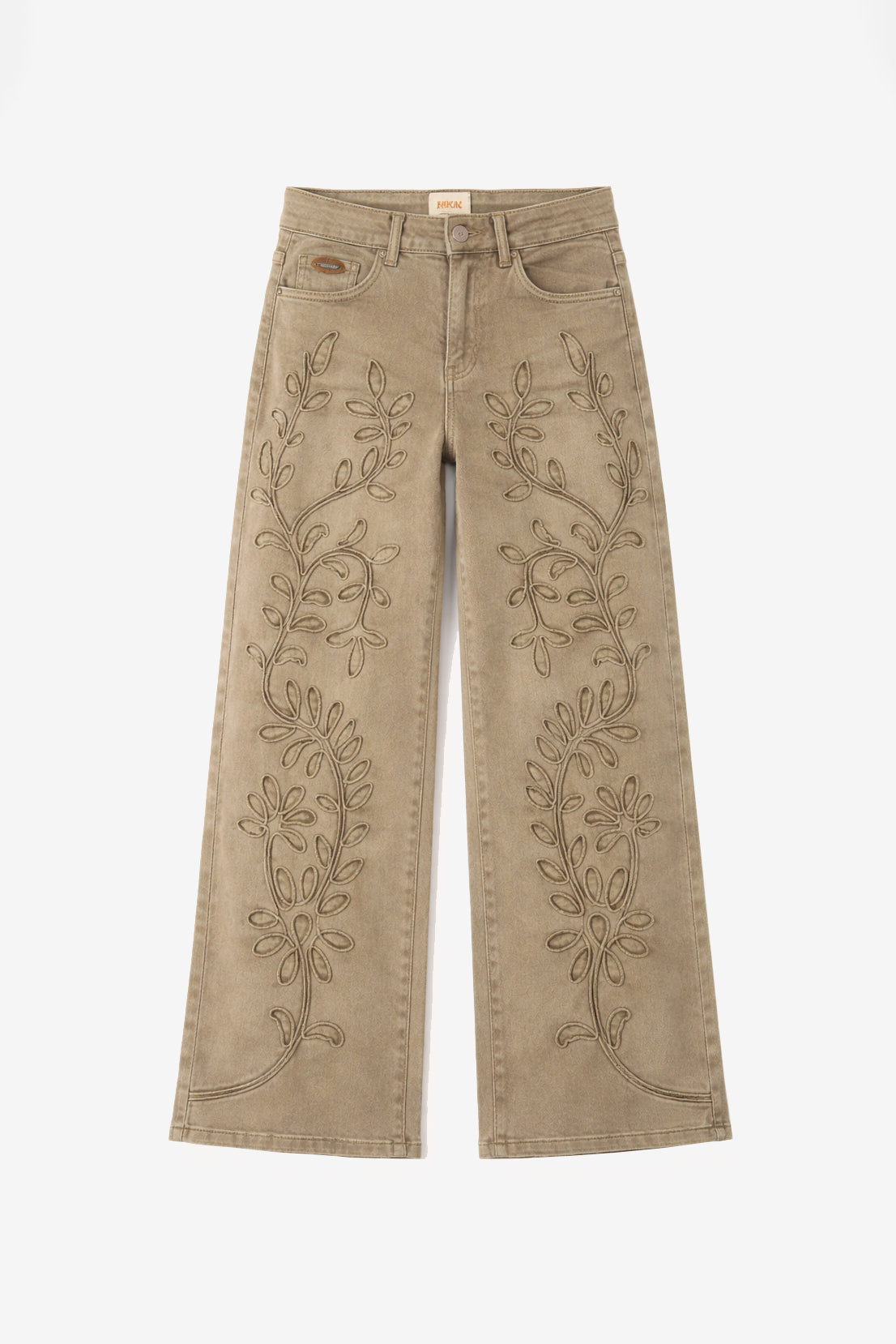 JEANS WITH EMBROIDERED LEAVES - KHAKI