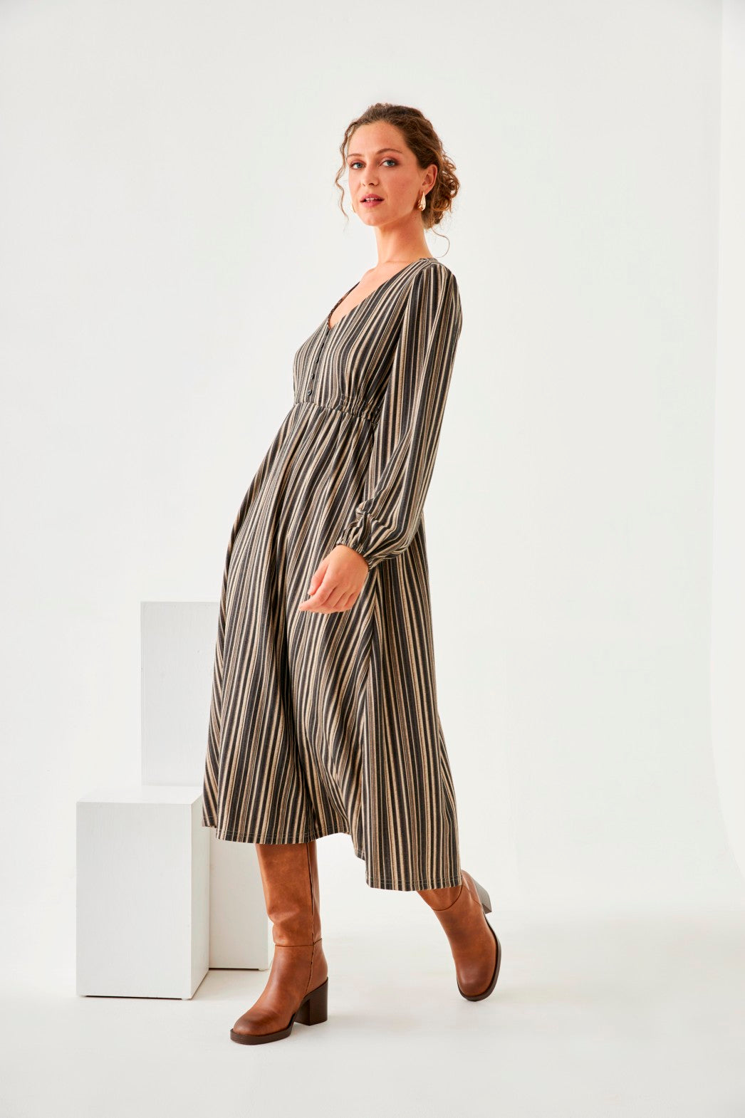 VESTIDO BOTONES RAYAS - GREY
