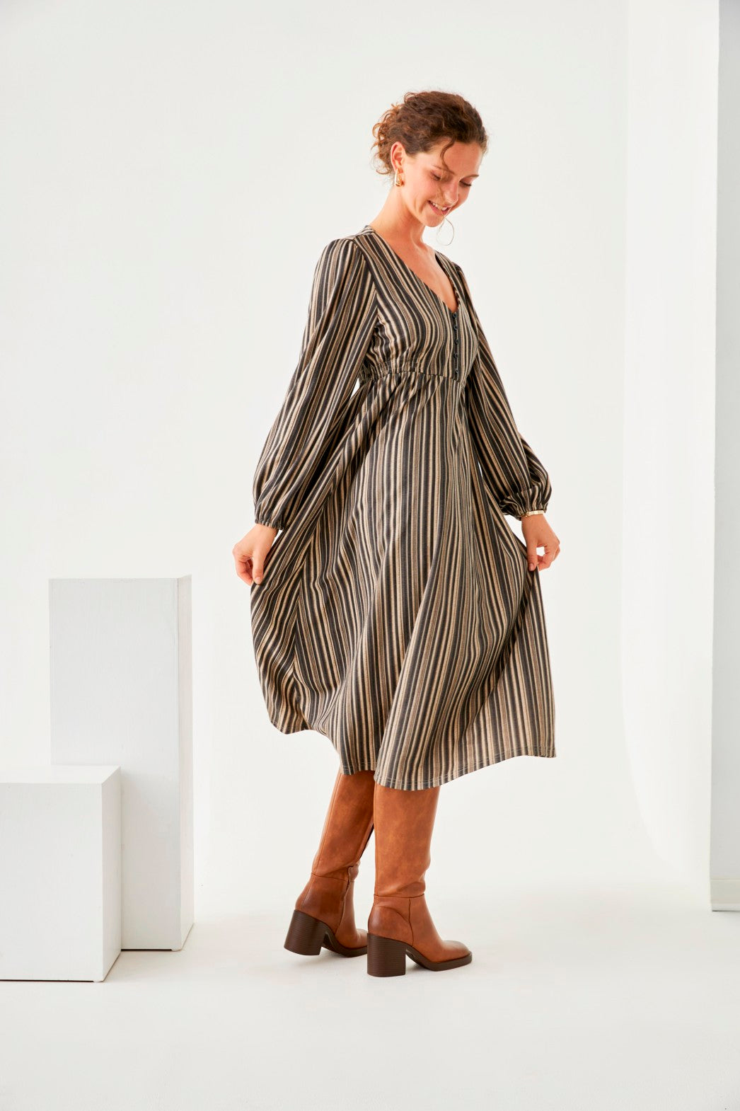 VESTIDO BOTONES RAYAS - GREY