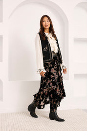 FALDA MIDI TERCIOPELO FLOCADO FLORES - NEGRO