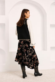 FALDA MIDI TERCIOPELO FLOCADO FLORES - NEGRO