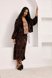 CHAQUETA ANUDADA TERCIOPELO LENTEJUELAS - CHOCOLATE