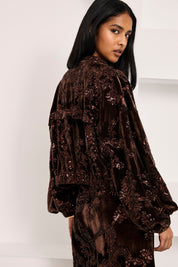 CHAQUETA ANUDADA TERCIOPELO LENTEJUELAS - CHOCOLATE