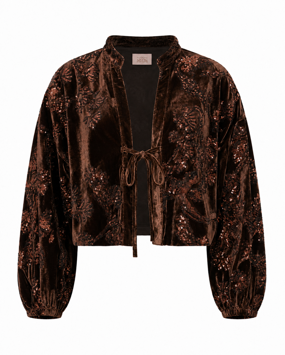 CHAQUETA ANUDADA TERCIOPELO LENTEJUELAS - CHOCOLATE