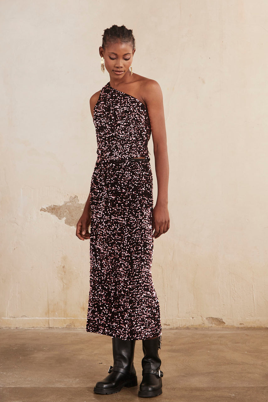 MIDI SKIRT IN PAIETE - ROSE