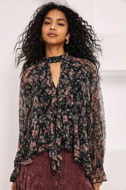 BLUSA TUL VOLANTES ESTAMPADA - NEGRO