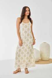 LONG LACE FLORAL DRESS - OFF-WHITE