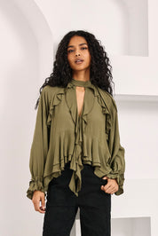 CUT-OUT COLLAR AND RUFFLE BLOUSE - KHAKI - KHAKI