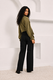 CUT-OUT COLLAR AND RUFFLE BLOUSE - KHAKI - KHAKI