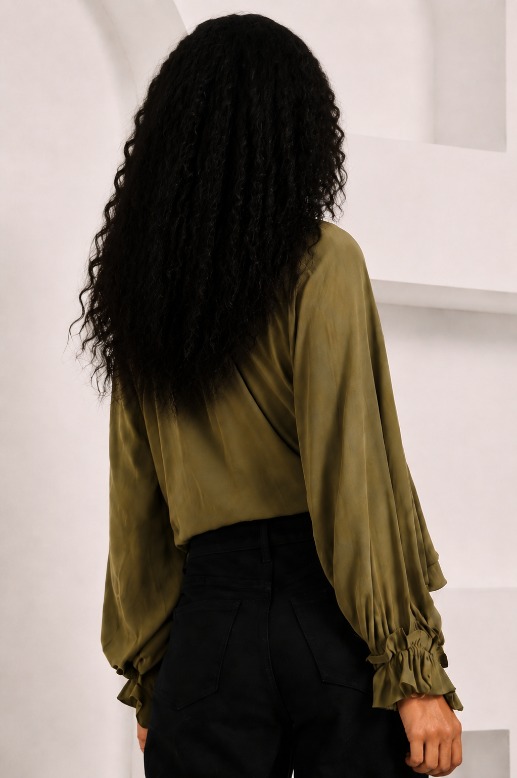 CUT-OUT COLLAR AND RUFFLE BLOUSE - KHAKI - KHAKI
