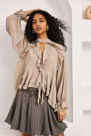 BLOUSE WITH CUT-OUT COLLAR AND RUFFLES - CAMEL - CAMEL