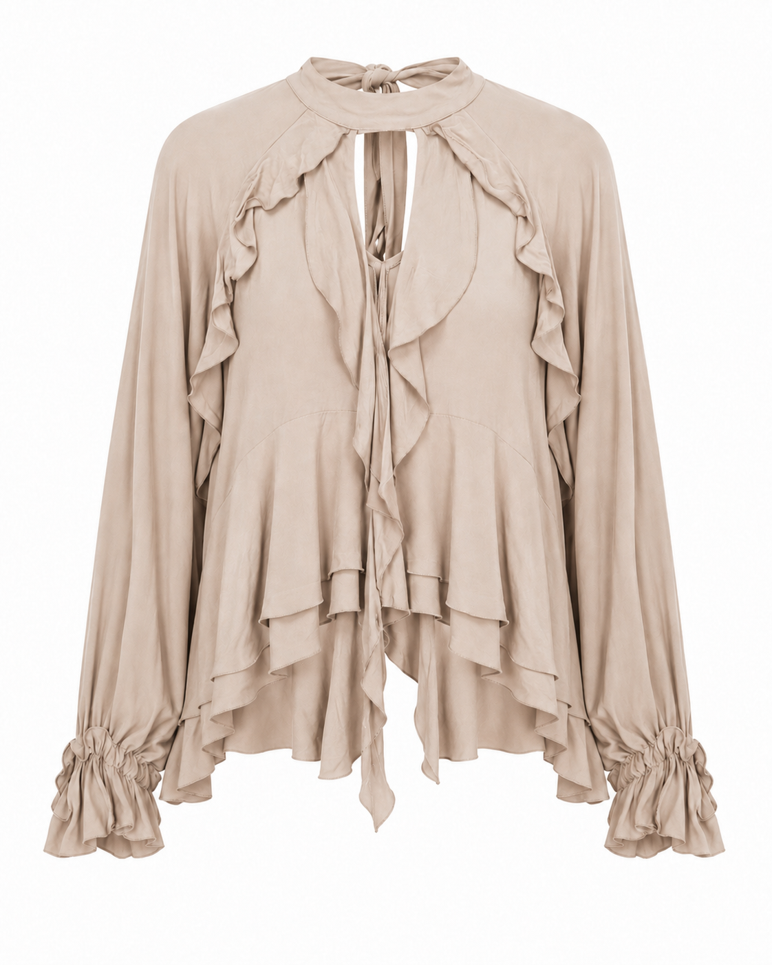 BLOUSE WITH CUT-OUT COLLAR AND RUFFLES - CAMEL - CAMEL