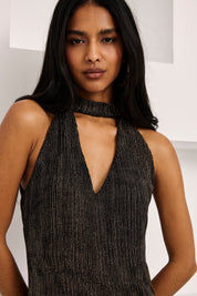 VESTIDO CORTO HALTER CUT OUT RAYAS FANTASÍA - NEGRO
