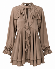 VESTIDO CORTO CUT OUT VOLANTES - TAUPE