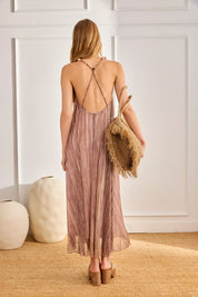 LONG DRESS WITH SEQUINS, STRAPS, AND RHINESTONES - PINK