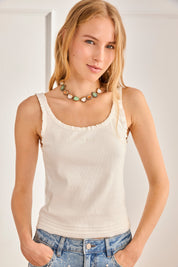 Ribbed top with ruffled trim - off-white