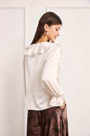 BLUSA SATINADA CUELLO VOLANTES - IVORY