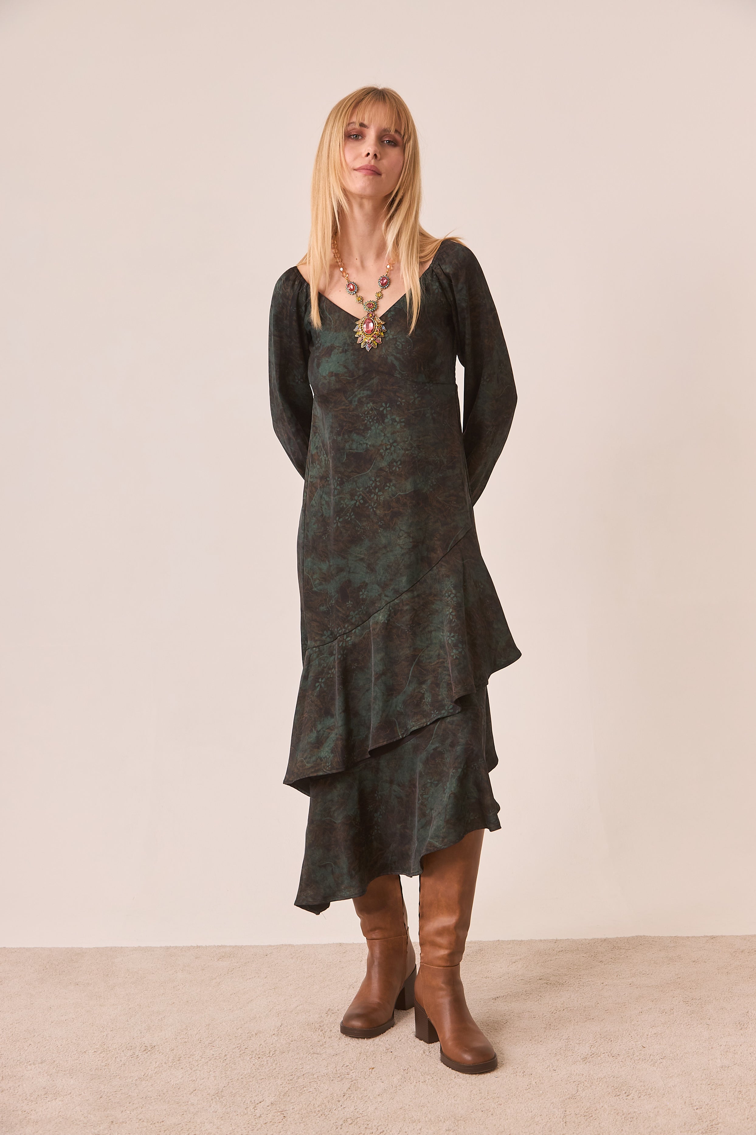 VESTIDO ASIMÉTRICO VOLANTES - GREEN