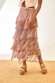 LONG SKIRT WITH GLITTER AND RUFFLES - PINK