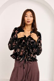 BLUSA TERCIOPELO FLOCADO FLORES - NEGRO