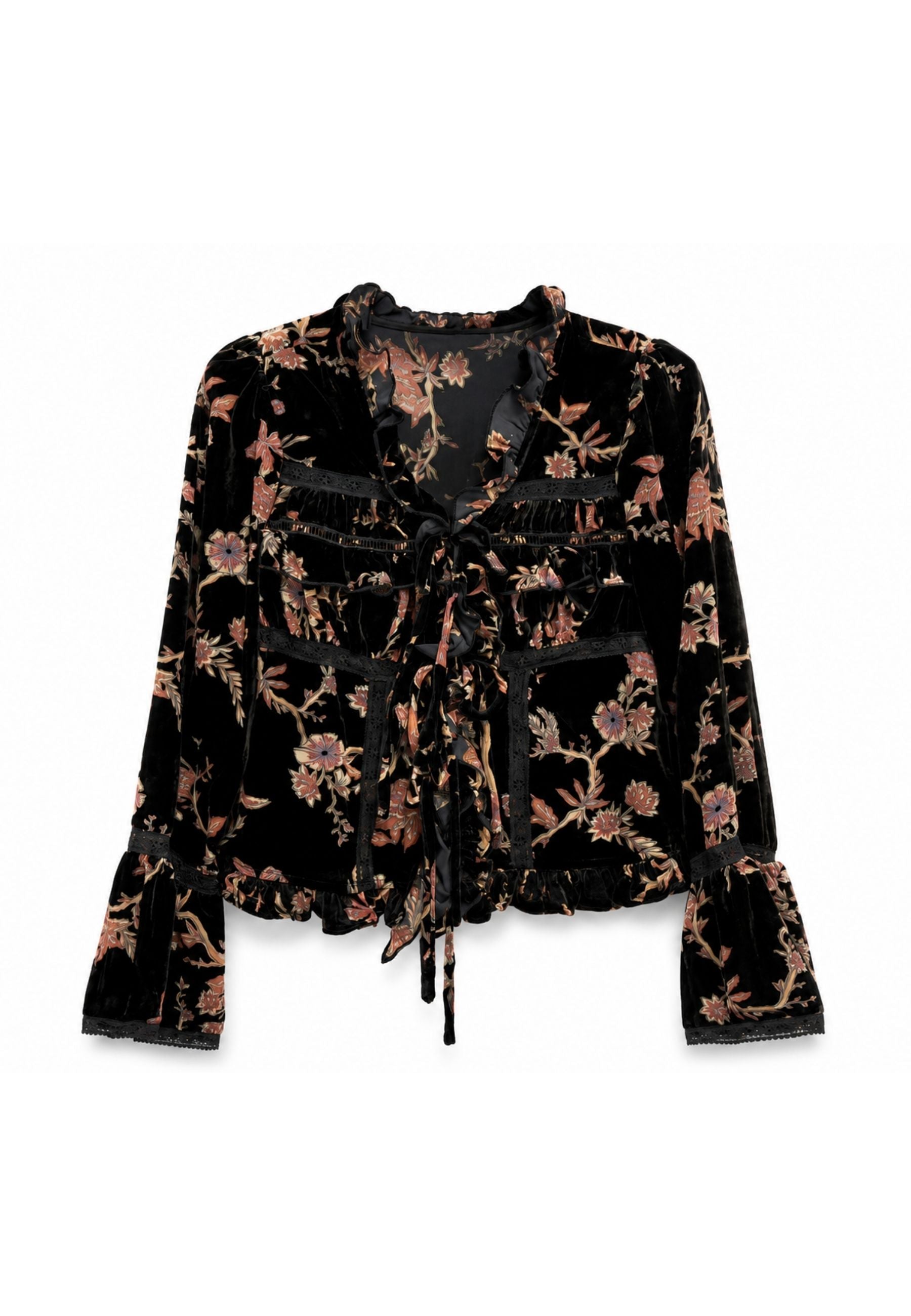 BLUSA TERCIOPELO FLOCADO FLORES - NEGRO