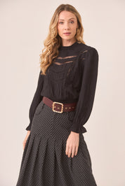 BLUSA CALADOS CINTURA FRUNCIDA - BLACK