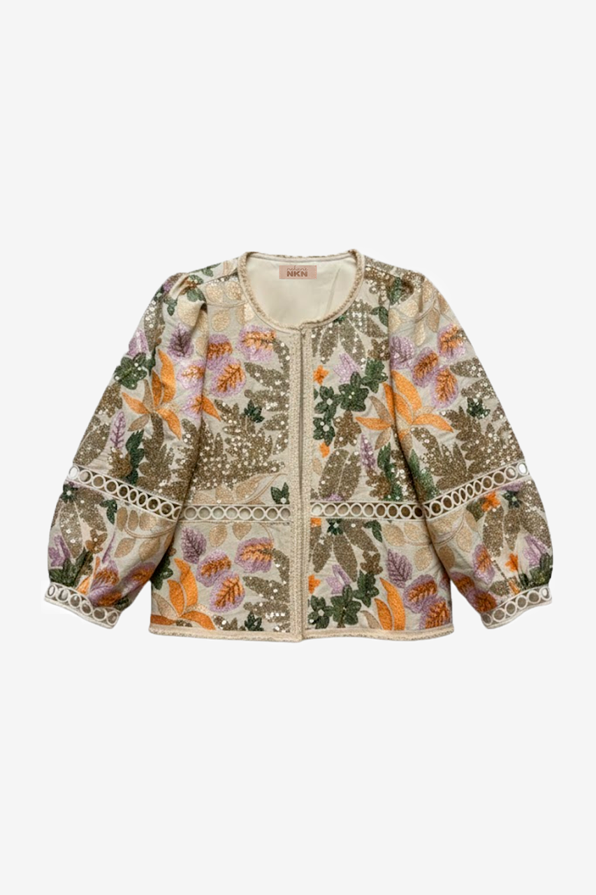JACKET WITH EMBROIDERED FLOWERS AND SEQUINS - OFF-WHITE