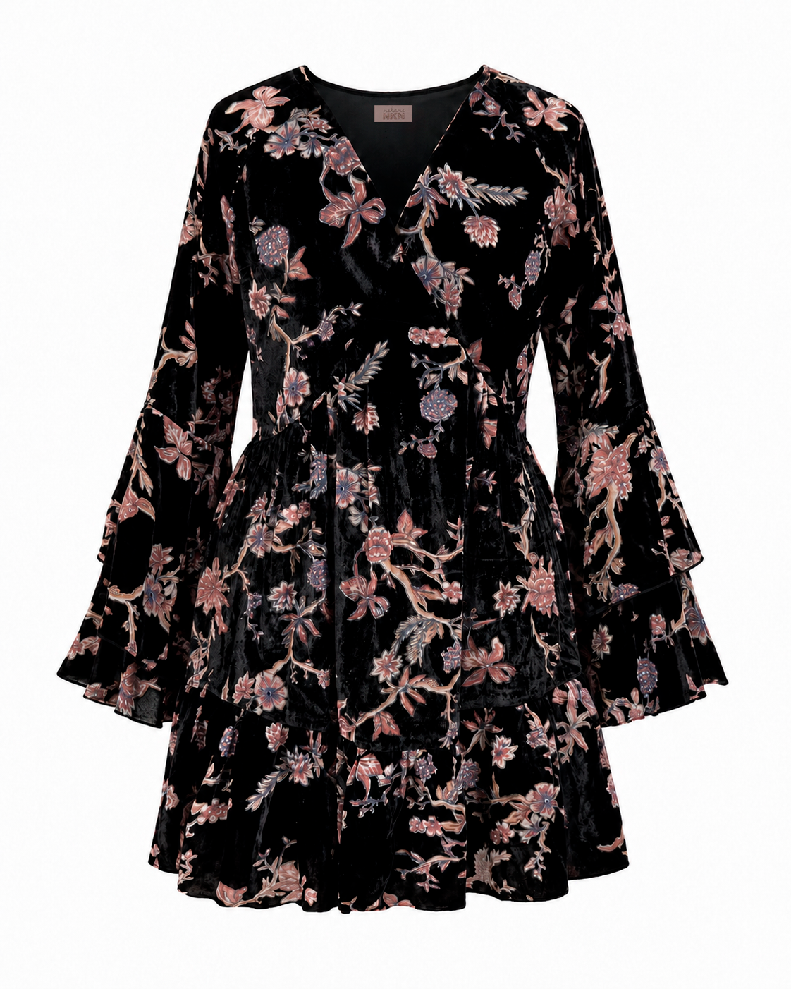 VESTIDO CORTO TERCIOPELO FLOCADO FLORES - NEGRO