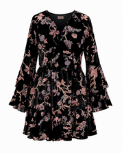 VESTIDO CORTO TERCIOPELO FLOCADO FLORES - NEGRO