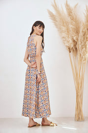LONG PRINTED STRAPPY DRESS - BLUE