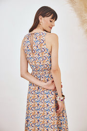 LONG PRINTED STRAPPY DRESS - BLUE