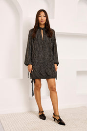 VESTIDO CORTO RAYAS ANUDADOS - NEGRO