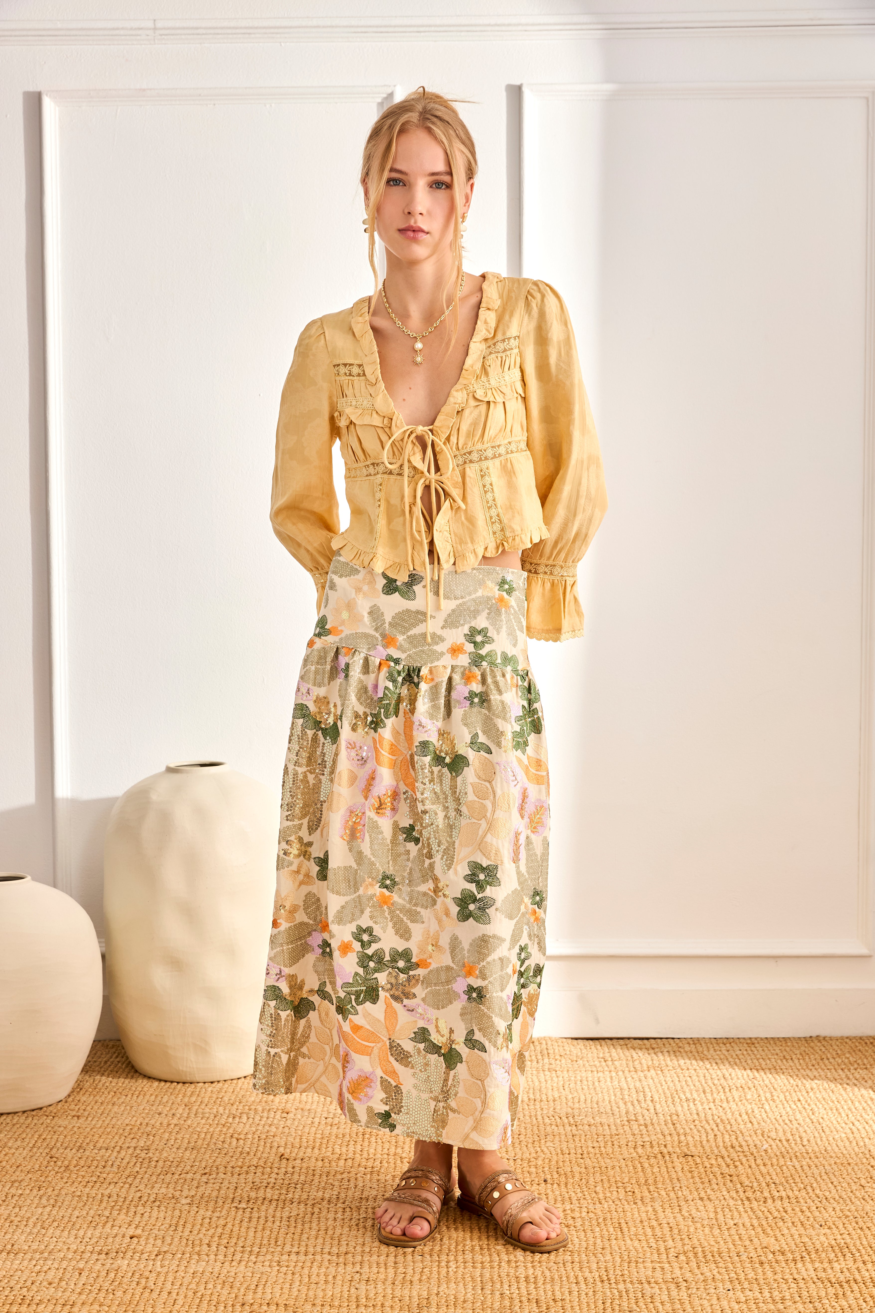 LONG SKIRT WITH EMBROIDERED FLOWERS AND SEQUINS - OFF-WHITE