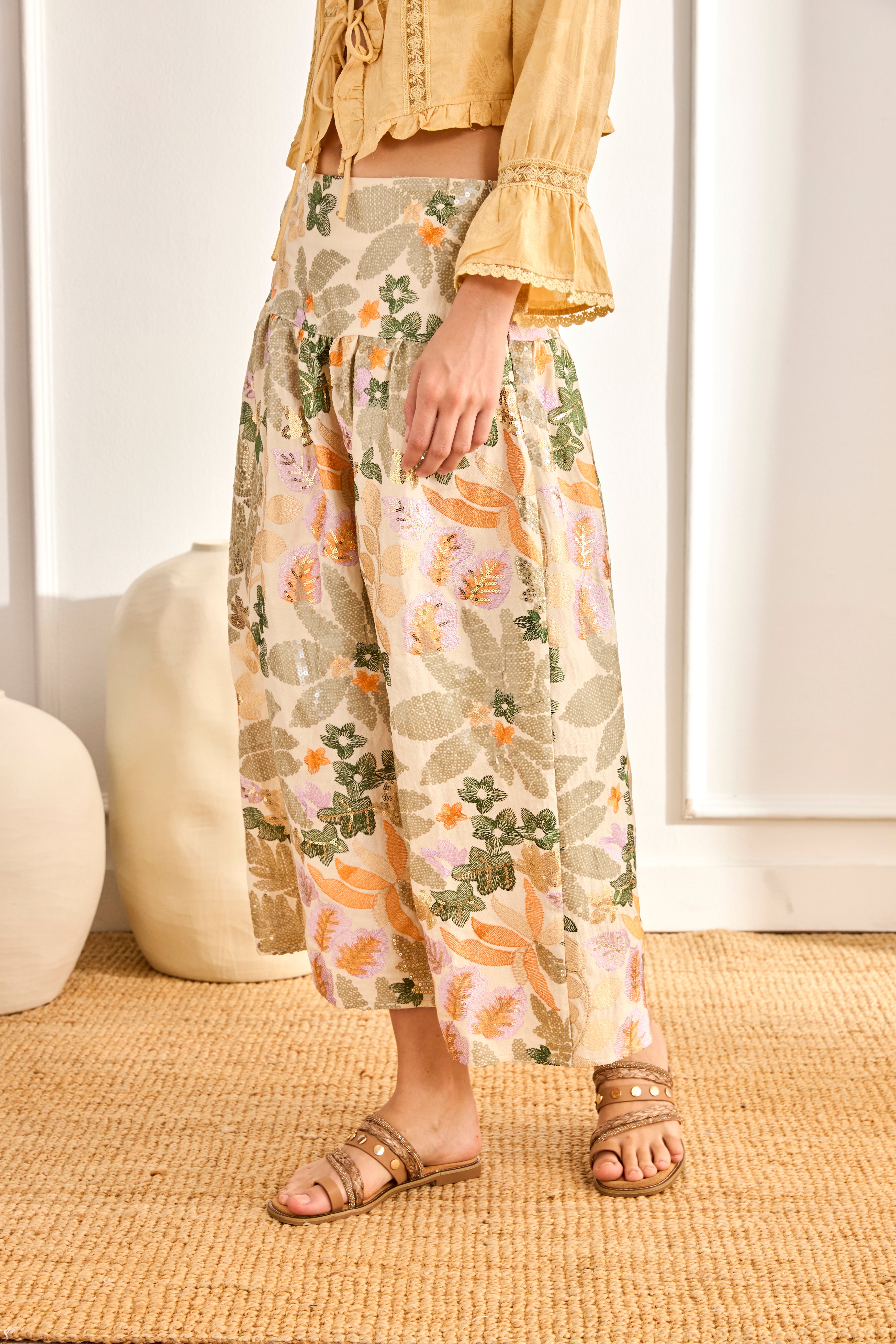 LONG SKIRT WITH EMBROIDERED FLOWERS AND SEQUINS - OFF-WHITE
