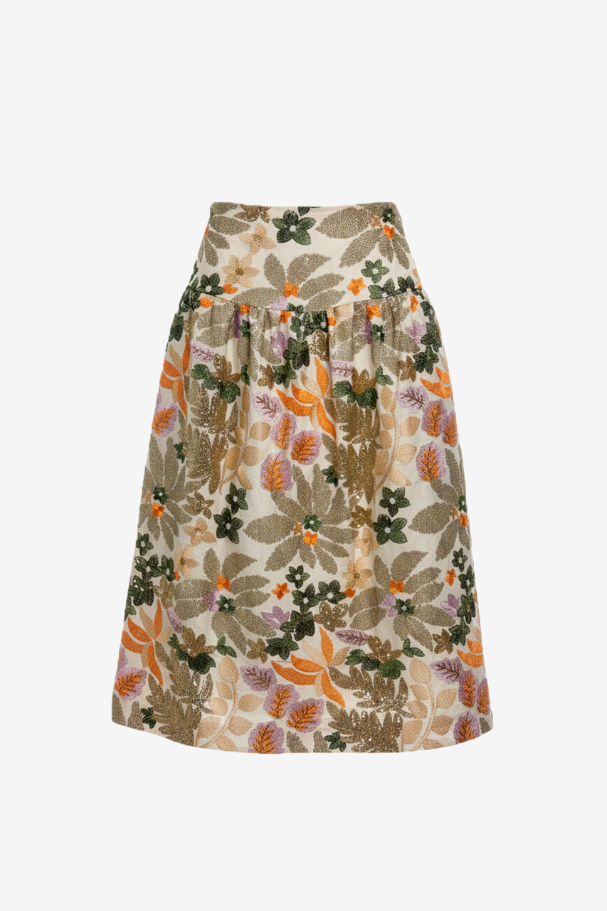 LONG SKIRT WITH EMBROIDERED FLOWERS AND SEQUINS - OFF-WHITE