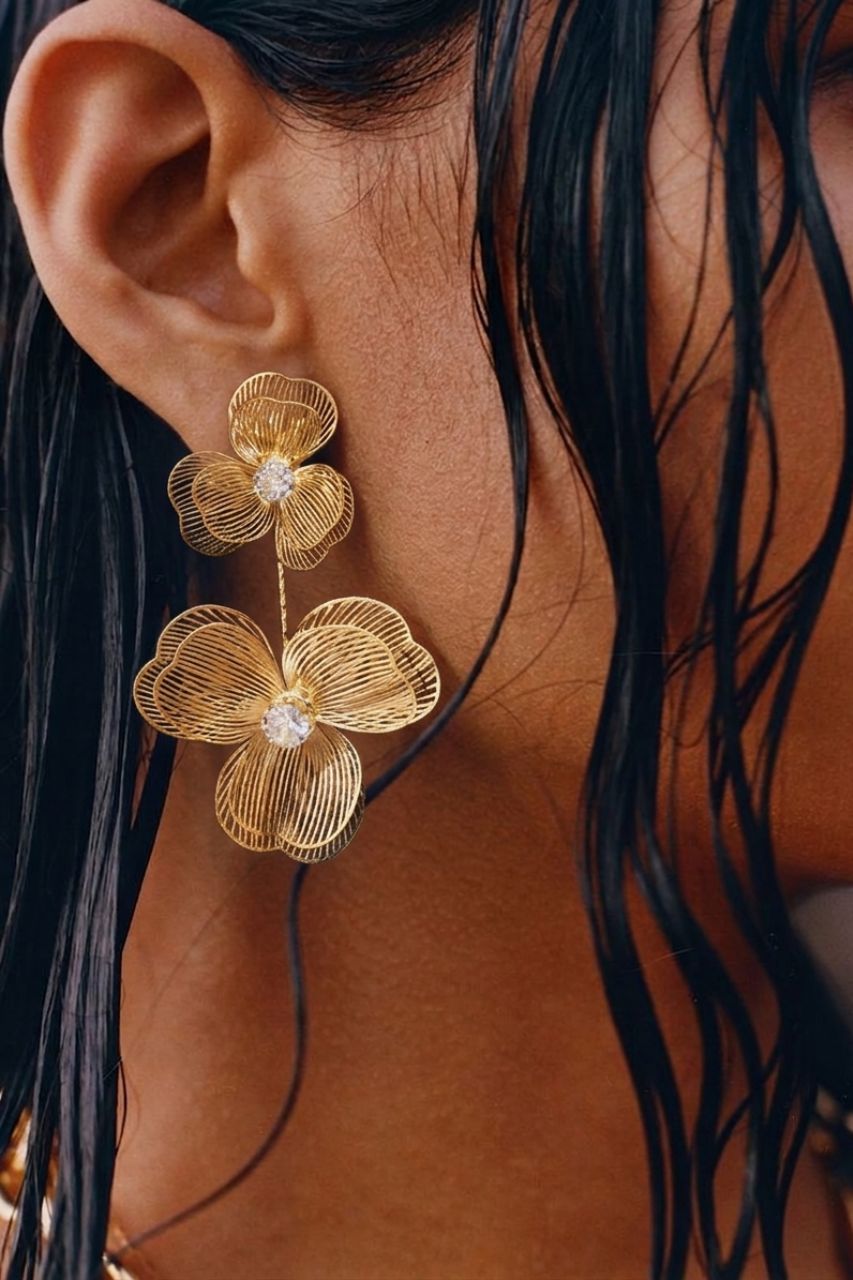 Flower Pendant Earrings - Gold
