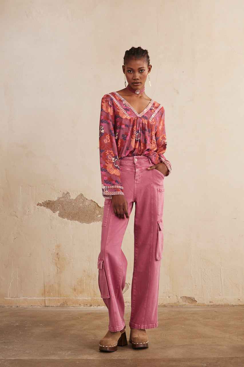 Long-sleeved printed blouse with embroidery - Grape
