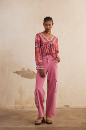 Long-sleeved printed blouse with embroidery - Grape
