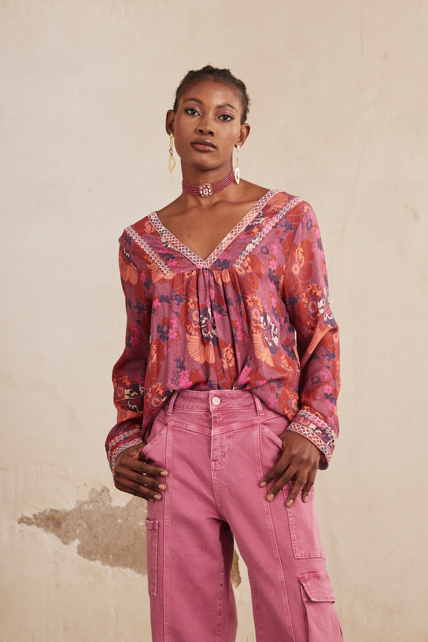 Long-sleeved printed blouse with embroidery - Grape