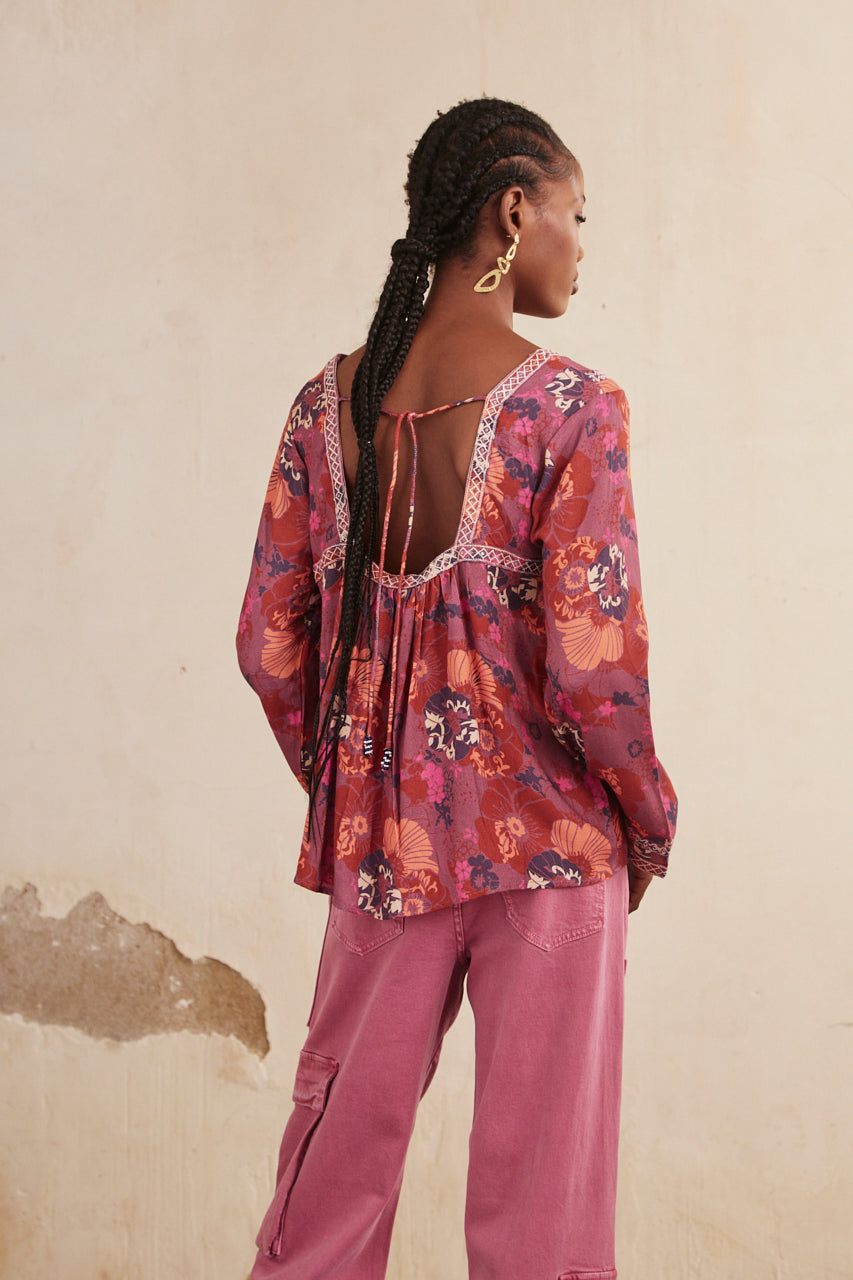Long-sleeved printed blouse with embroidery - Grape