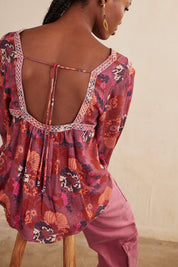 Long-sleeved printed blouse with embroidery - Grape