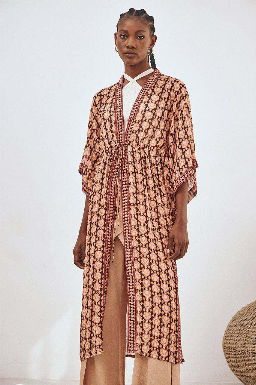 KIMONO LARGO ESTAMPADO - NEGRO