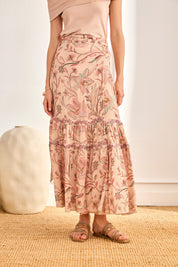 Floral and Embroidered Pareo Skirt - Pink