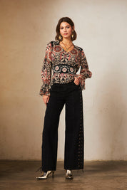 Long-sleeved printed blouse with embroidery - Black