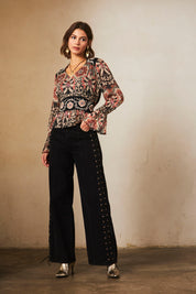 Long-sleeved printed blouse with embroidery - Black