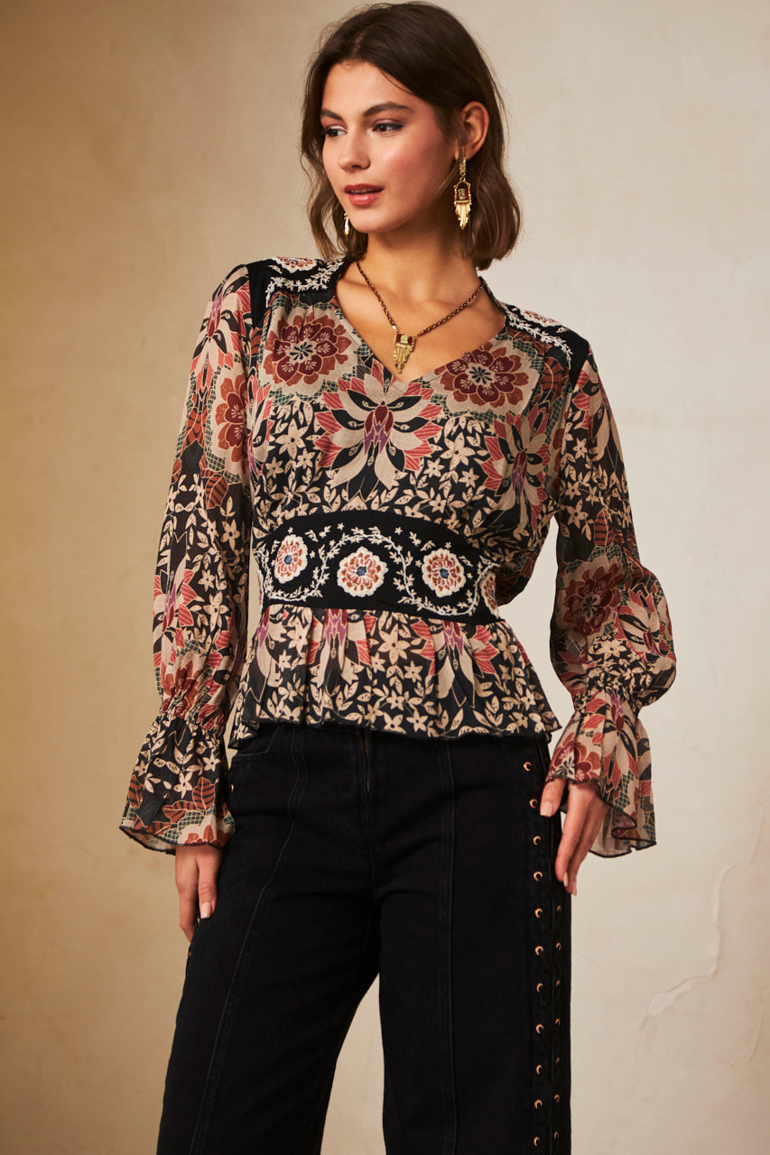 Long-sleeved printed blouse with embroidery - Black