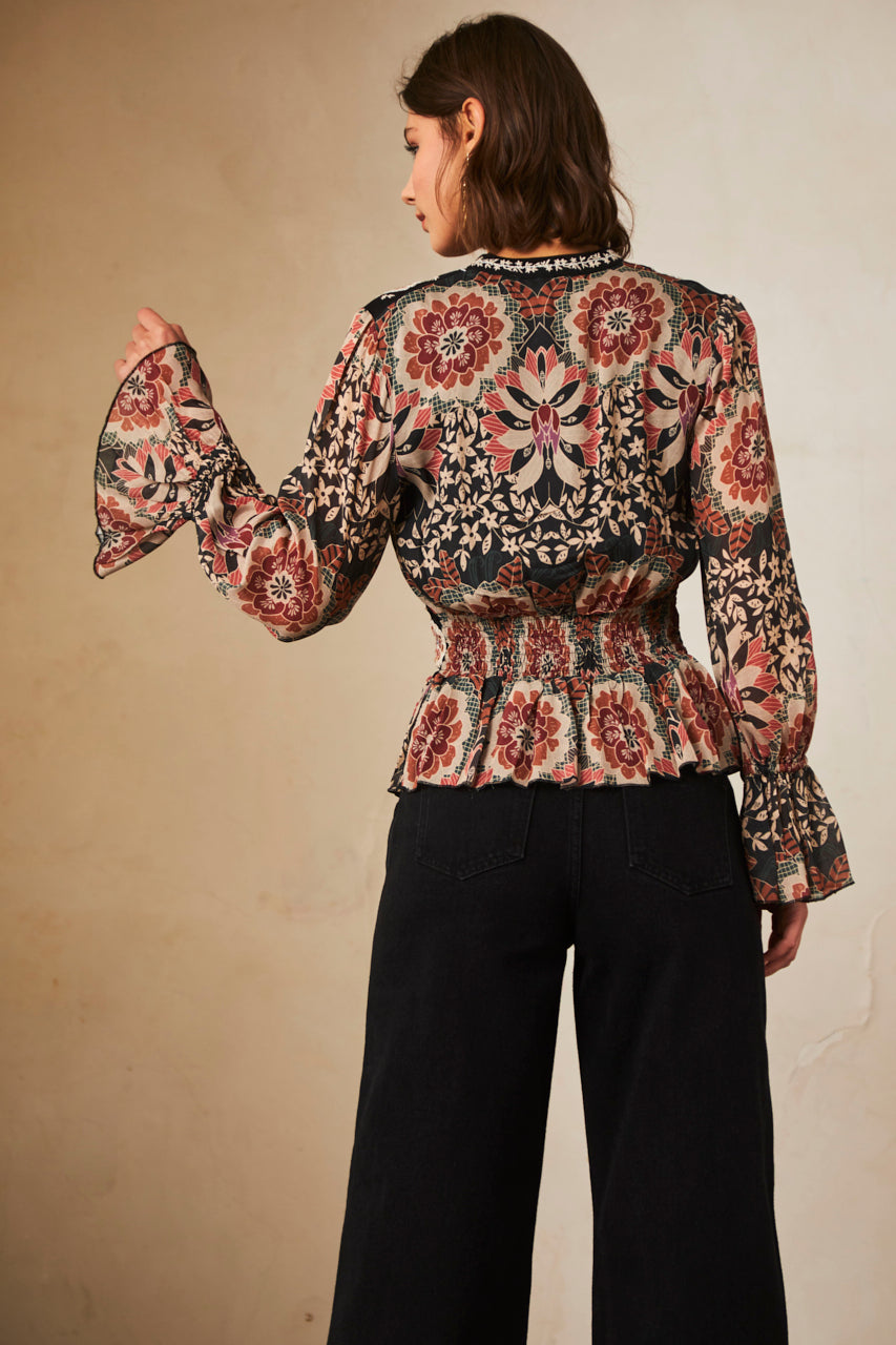 Long-sleeved printed blouse with embroidery - Black