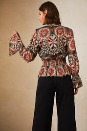 Long-sleeved printed blouse with embroidery - Black