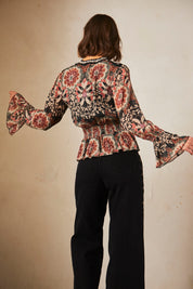 Long-sleeved printed blouse with embroidery - Black