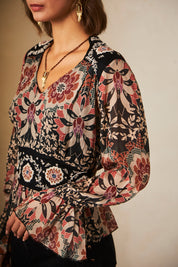 Long-sleeved printed blouse with embroidery - Black